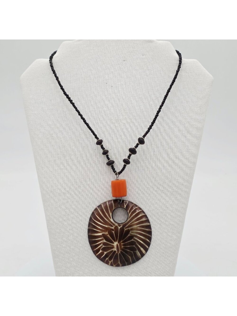 African Carved Bone Brown Pendant Necklace With Black Beads & Orange Accent 18"